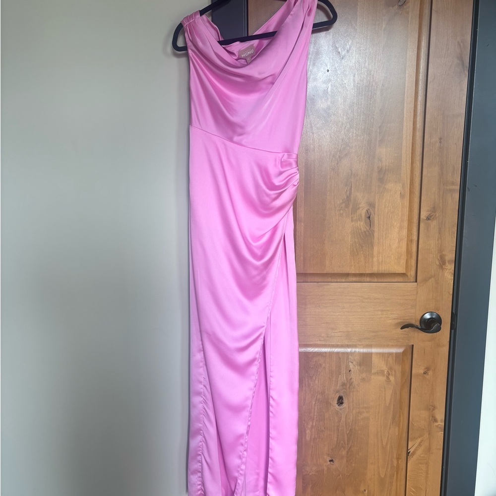 Show Me Your MuMu Jodie Maxi Dress One Shoulder - Size Small, Pink Luxe Satin